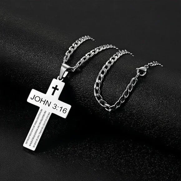 Stainless Steel Cross Necklace Engraved John 3:16 Classic Faith Jewelry Gift - Picture 3 of 7